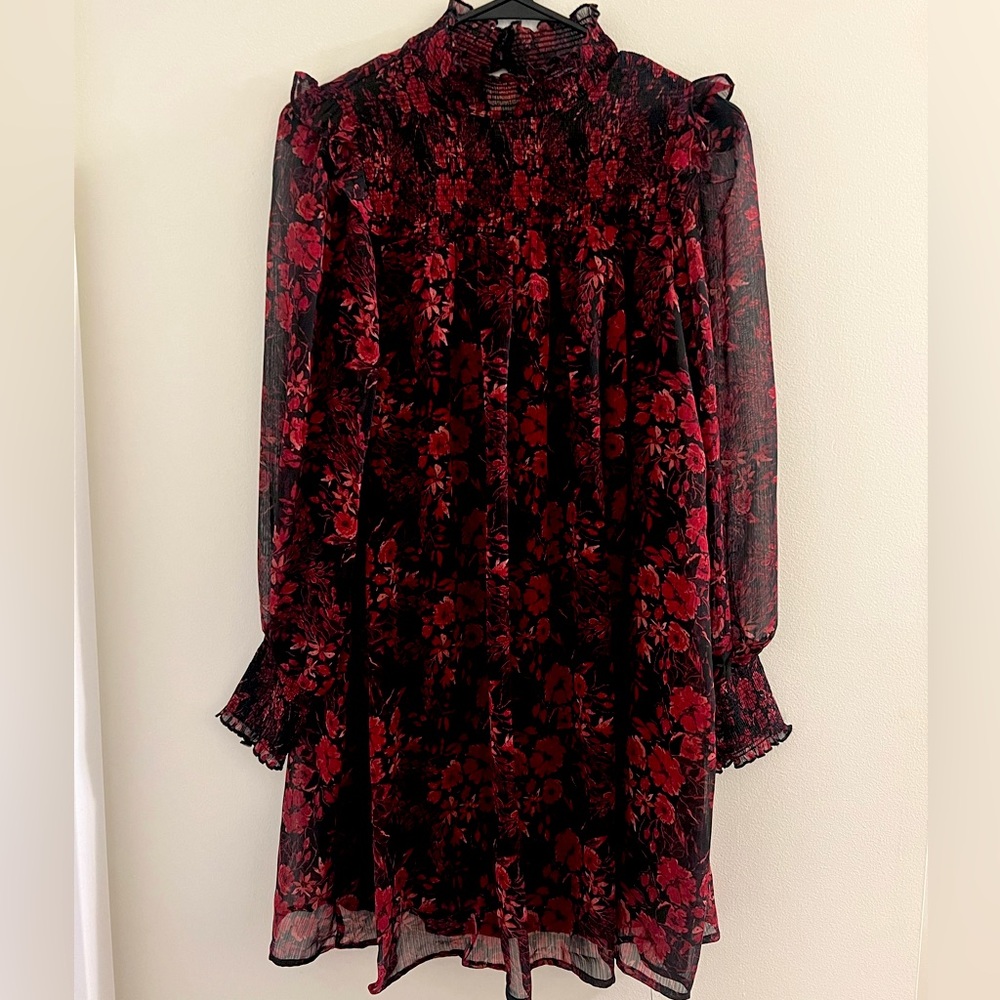 Francesca’s Floral Red and Black Mock Neck Dress ~ Size S